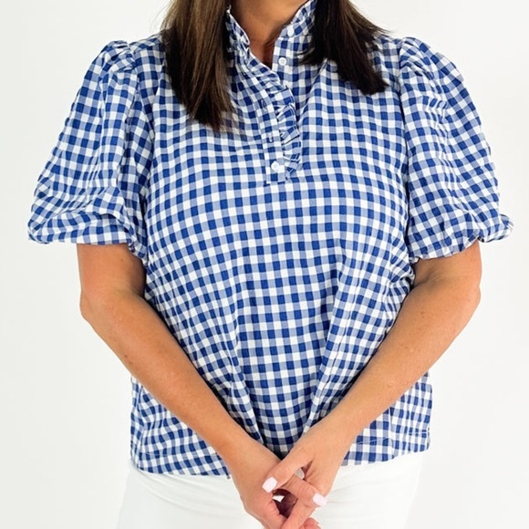 boutique Tops - Lunch in The Park Gingham Boutique Puff Sleeve Half Button Blouse Women 2X